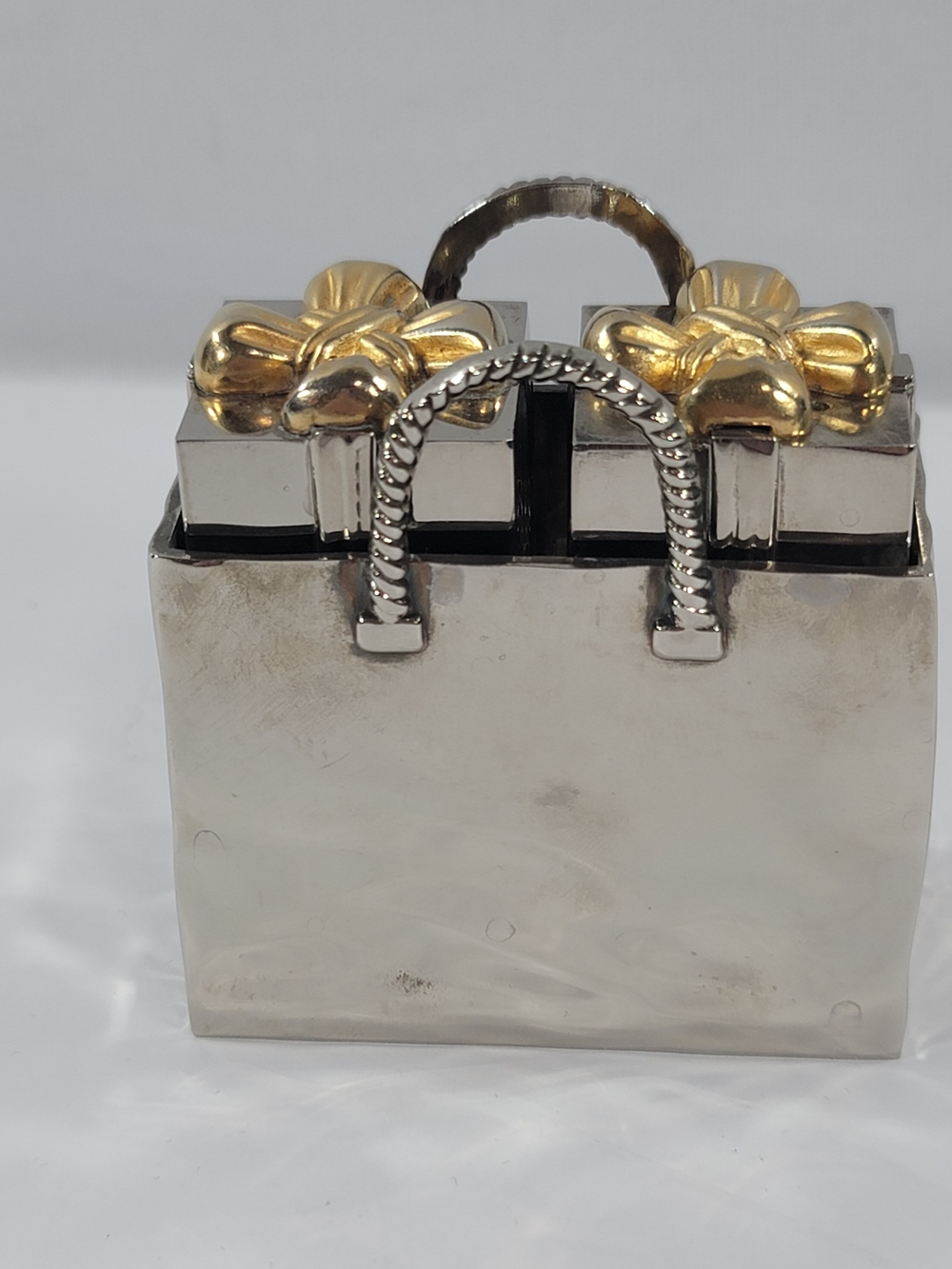 Godinger Silver Plated Gift Box Salt & Pepper Shaker Set Gold Holder Novelty